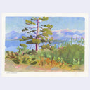 A watercolor painting of Lake Tahoe, featuring a green tree in the foreground, blue water, purple mountains, and a light blue sky.