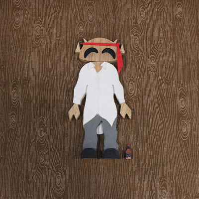 Wooden toy figure of a character with a head shaped like the Big Boss Robot, wearing an untucked white shirt, gray slacks and a red tie around its head instead of its neck.