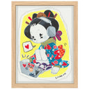 Illustration of cartoon characters in traditional Japanese attire but modern sneakers, sitting and looking at her laptop with a speech bubble featuring a heart.