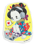 Illustration of cartoon characters in traditional Japanese attire but modern sneakers, sitting and looking at her laptop with a speech bubble featuring a heart.