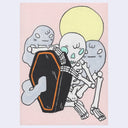 Painting of a cartoon skeleton, sitting on the ground with ghosts next to it and propped up on a coffin. 