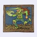 Illustration made with many lines, giving it the feel of a folk art woodcut on a rectangular wood panel of a person wearing a goblin mask and green knit clothing with cat creature faces as shoulder pads, knee pads and on their chest. They are running with an owl puppet on one hand.