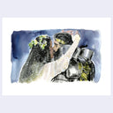 Artistic depiction of a couple embracing with a watercolor background.