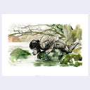Ink painting of a man in armor drinking water from a forest lake.