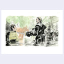 Illustration of two men in armor facing each other with a sword in a water setting.