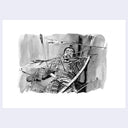 Greyscale painting of a samurai, looking scared behind many fired arrows sticking out of walls.