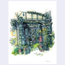 Watercolor and ink illustration of a tiki bar, seen from its front exterior. It has lots of greenery and tiki figurines made out of wood, with a wood entranceway.