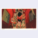 Painting based on a film still from Amelie of Amelie sitting on the toilet, seen from overhead in a red bathroom with tiled floors and papers all over the place as she reads one.