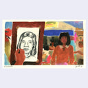 Painting based on a film still from Nacho Libre of a woman sitting for a portrait.