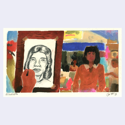 Painting based on a film still from Nacho Libre of a woman sitting for a portrait.