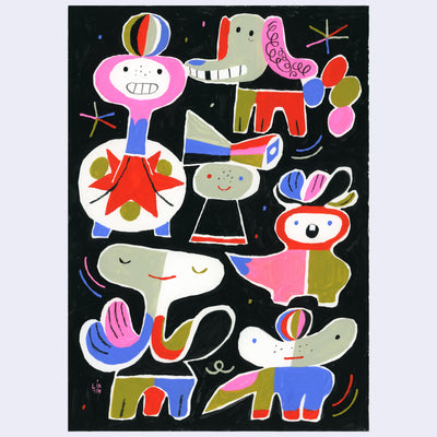 Several stylized shape character illustrations on black background. Characters resemble animals and people.