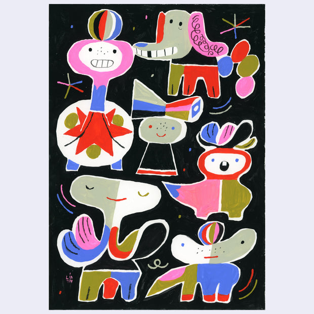 Several stylized shape character illustrations on black background. Characters resemble animals and people.