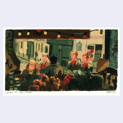 Painting based on a film still from Lucien where several people stand in front of a fruit/market stall at an outdoor market.