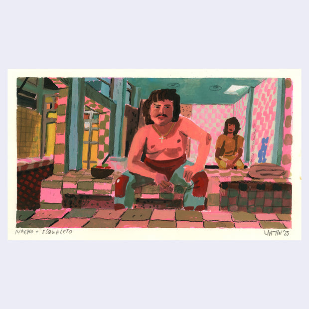 Painting based on a film still from Nacho Libre of Nacho and Esqueleto sitting and talking to one another.