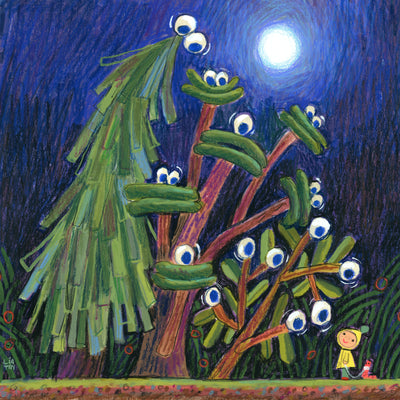 Colored pencil drawing with stark strokes of a forest of 3 trees, all with cartoon eye balls. They look down upon a smiling girl, who walks a pet worn. Forest is under a bright white moon against a dark blue and purple sky.