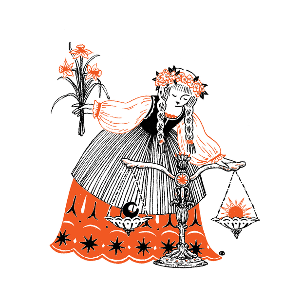 Sticker of a woman with braided hair and a large dress, leaned over a scale