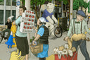 Detail shot from panoramic illustration of several people and humanoid creatures on a street, doing various activities - a person wears a vending machine as a backpack and a woman buys something from it. Someone pushes a cart full of cats.