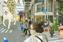 Detail from panoramic illustration of a busy street scene, with giant dogs walking like mounts. Several people walk the street.