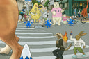 Detail from panoramic illustration of a street parade with humanoid animals watching and participating. 