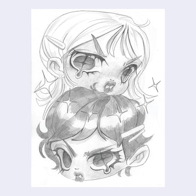 Graphite sketch of 2 girls heads stacked atop one another.