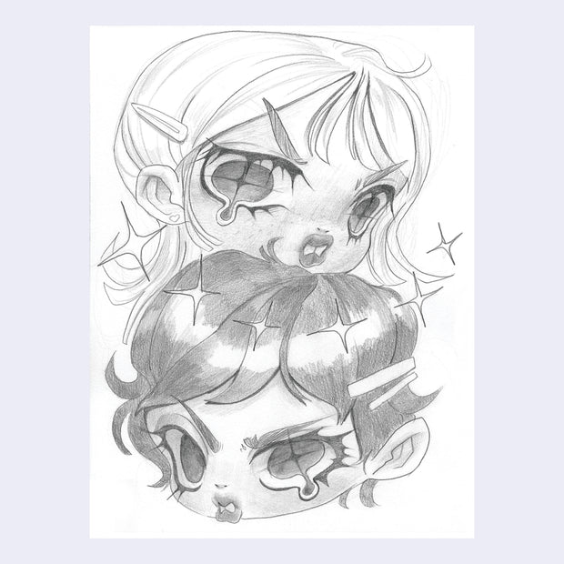 Graphite sketch of 2 girls heads stacked atop one another.