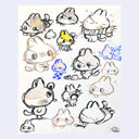 Page full of doodles of a cat with its tongue sticking out comically doing various activities.