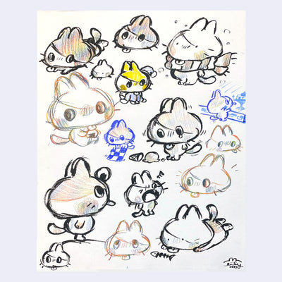 Page full of doodles of a cat with its tongue sticking out comically doing various activities.