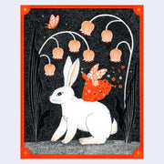 Black ink drawing with orange accent coloring of a large white rabbit, sitting between 2 even larger Lily of the Valley blossoms. Atop its back is a fairy in a bright orange dress, with flowers floating off of it. The piece is framed by a simple orange border.