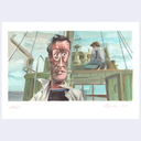Stylistic painting of a man on a boat, smoking a cigarette and wearing glasses.