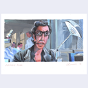 Stylized caricature portrait of Jeff Goldblum in Jurassic Park.