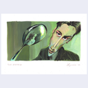 Artistic depiction of a character from 'The Matrix' with a spoon, on a light green background.