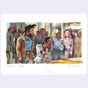 Illustration of a scene with people in a cityscape, featuring a cowboy-like character.