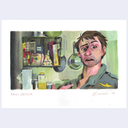 Illustration of a man in a taxi driver's uniform with a shelf of pantry items in the background.