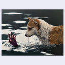 Artistic depiction of a dog standing in water, looking at a hand desperately reaching out of water