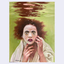 Artistic depiction of a person underwater with bubbles, wearing a white garment.
