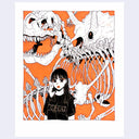Black ink illustration with orange color accents of a girl standing in a black t-shirt that reads "kyoryu." Behind her are large dinosaur skeletons of 2 different varieties.