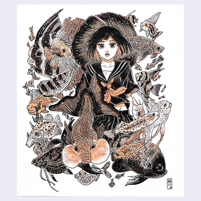 Drawing of a girl in a sailor's top, surrounded by various fish, all swimming around her. Drawing is black and white with subtle orange color accents.