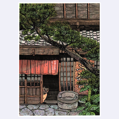Illustration of a traditional Japanese house with a red curtain, a large bonsai pine tree in front of it and a tiny dog peeking out of the entryway.