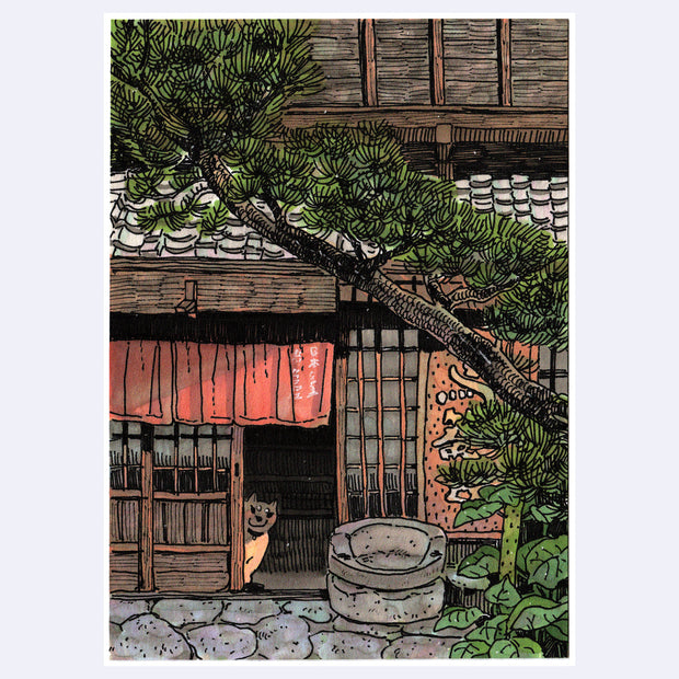 Illustration of a traditional Japanese house with a red curtain, a large bonsai pine tree in front of it and a tiny dog peeking out of the entryway.