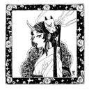Black ink illustration on white paper of a woman with a horn, looking slightly over her shoulder. She has a kitsune mask on the side of her head. It has a border around it.