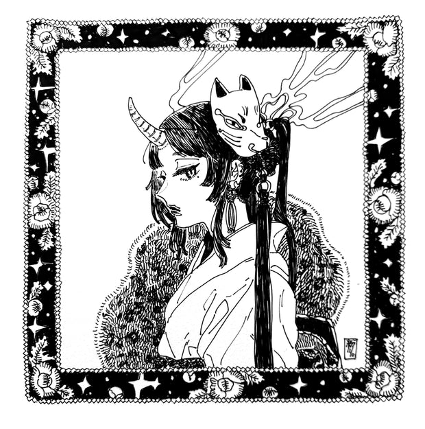 Black ink illustration on white paper of a woman with a horn, looking slightly over her shoulder. She has a kitsune mask on the side of her head. It has a border around it.