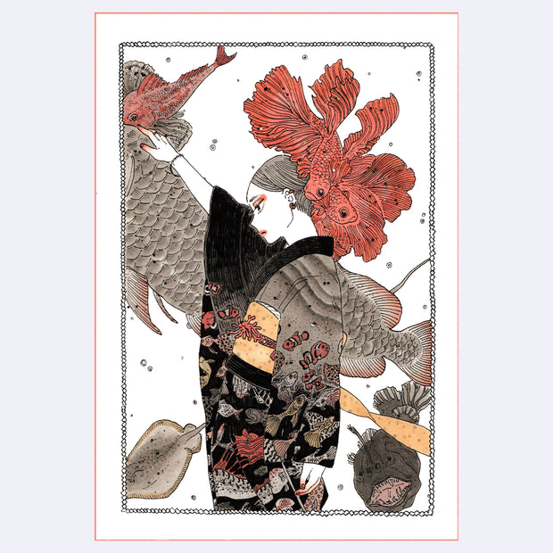 Ink and marker illustration of a woman standing, wearing a kimono with small fish designs on it. She holds her hand up and pets a very large fish that swims by, with other fish swimming around her.