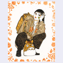 Illustration on white paper mostly in black, brown and orange marker of a girl crouching down in pose. She wears My Neighbor Totoro themed clothing and has a Catbus backpack and a small Totoro sack at her feet. She looks apathetic. 
