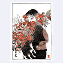 Black ink illustration with subtle gray and orange accent coloring of a woman wearing a kimono and holding a bouquet of reddish orange flowers, very abundant and blocking most of her face. She looks off and has subtle red eyeshadow on the corner of her eyes.