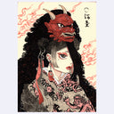 Illustration of a woman with ornate eye make up, wearing a kimono with a large headpiece of black fur that billows down and a red oni mask atop it.
