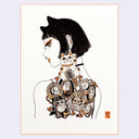 Black ink illustration on white paper with accent coloring of brown and light orange. A woman with cat ears atop her head looks over her shoulder, revealing a bare back covered in traditional Japanese style art of cats dressed as various warriors.