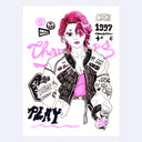 Marker illustration of a woman with short pink hair, she wears a a motorcycle jacket. 