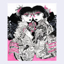 Black ink illustration with pink color accents of 2 girls in ornately patterned kimonos, standing close to one another.