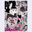 Busy ink and marker illustration of a woman sitting, alongside doodles of florals, fish, and a heart shaped cake that reads "not yet"