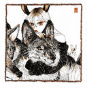 Illustration of a girl with rabbit ears, she hugs a very fluffy wolf, with another wolf nearby. A small bunny is in the background.